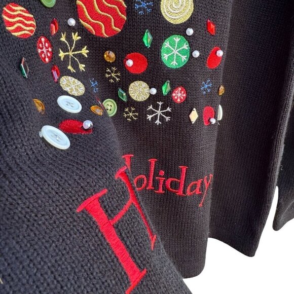 Vintage Black Long Sleeve Christmas Button Tree Design Happy Holidays Sweater - Picture 3 of 6